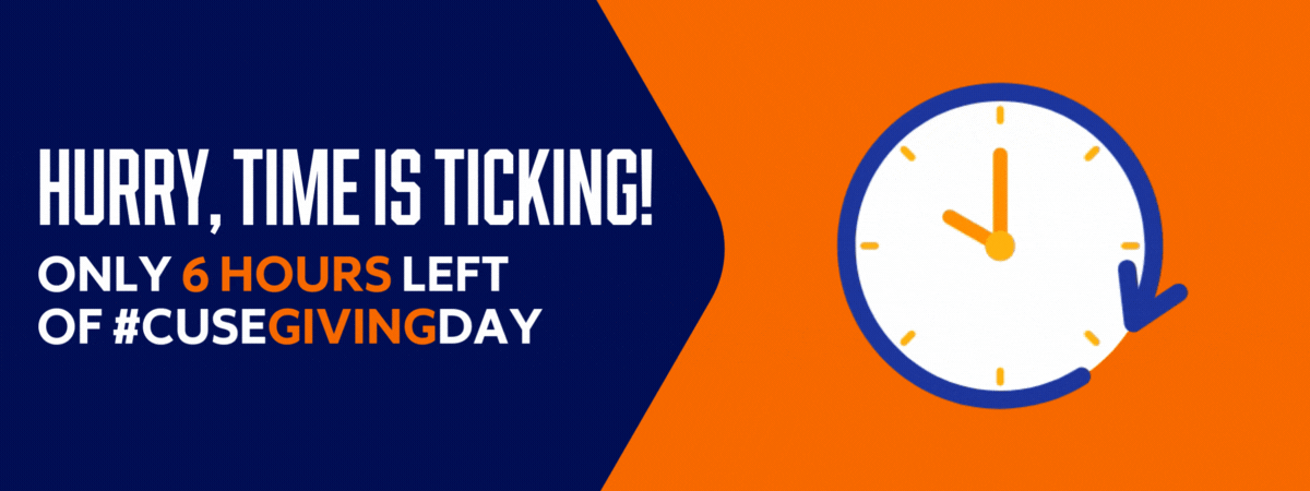 Hurry, time is ticking! Only 6 hours left of #CUSEGIVINGDAY - next to an image of a clock Hurry, time is ticking! Only 6 hours left of #CUSEGIVINGDAY - next to an image of a clock