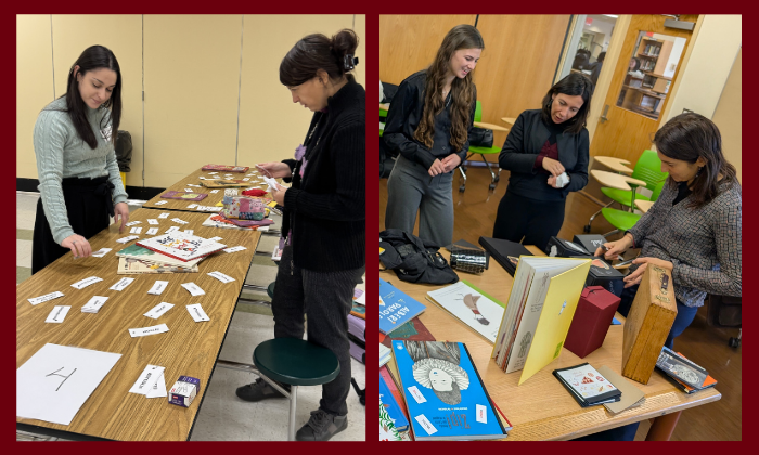 image showcasing Italian language teaching candidates Ludovica Sophia Costanzo and Emily Bayer preparing for workshops for students and teachers at R.C. Murphy Middle School in Stony Brook (left) and the Bronx High School of Science (right) with children's book author Valentina Rizzi and educators Antonella Veracchi and Michela Tonelli from the Palazzo Esposizioni Roma, November 2025.