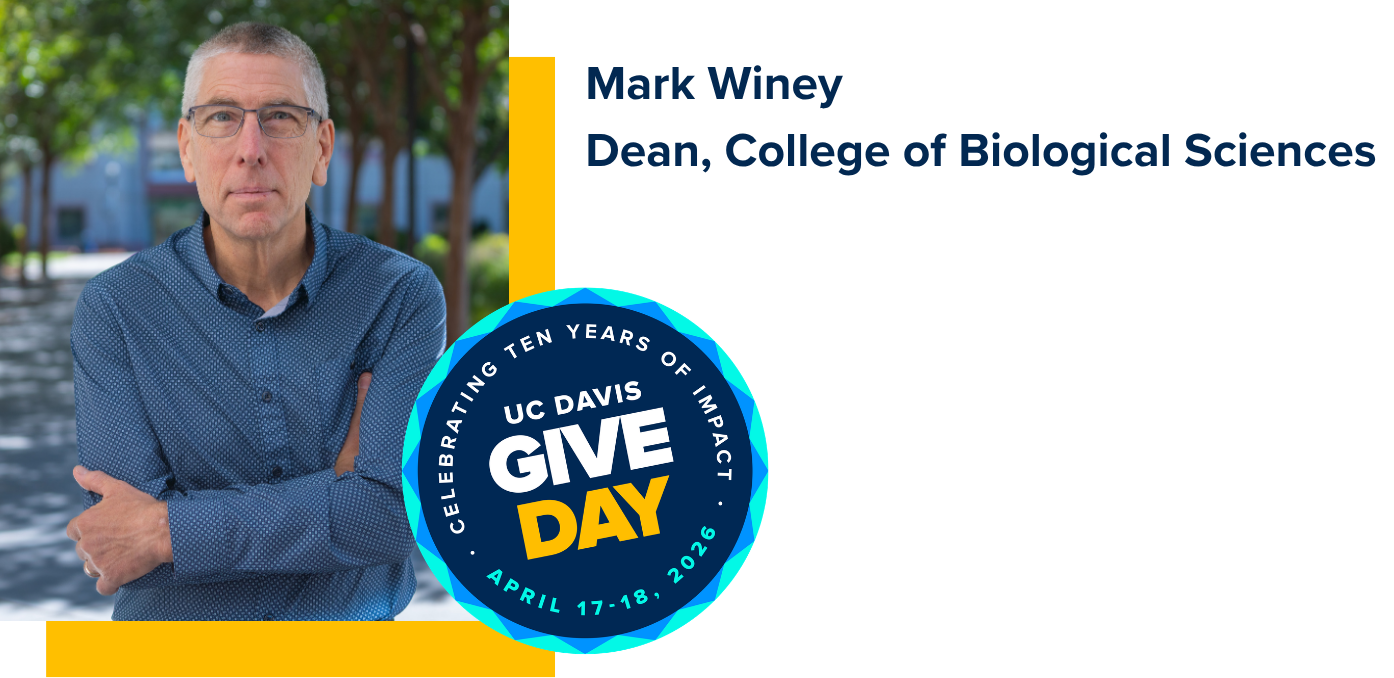 Mark Winey in a blue dress shirts standing with his arms crossed with trees in the background next to the text Mark Winey Dean, College of Biological Sciences and a blue Give Day sticker