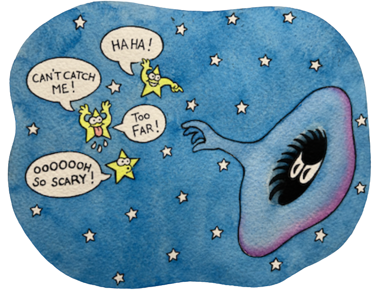 a cartoon showing a black hole being taunted by stars hovering beyond its reach.