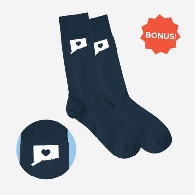Navy blue socks with a white outline of the state of Connecticut with a navy blue heart inside Navy blue socks with a white outline of the state of Connecticut with a navy blue heart inside