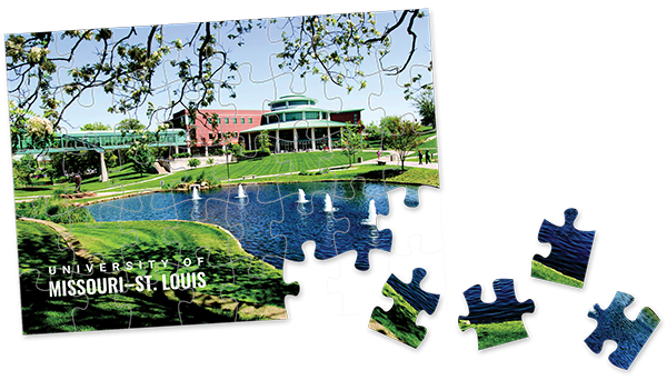 Mockup showing UMSL image in puzzle pieces
