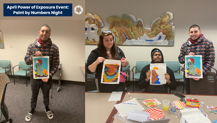 Three Wraparound clients pose with their paintings at Wraparound’s Power of Exposure Event. A blue text box reads, “April Power of Exposure Event: Paint by Numbers Night”. 