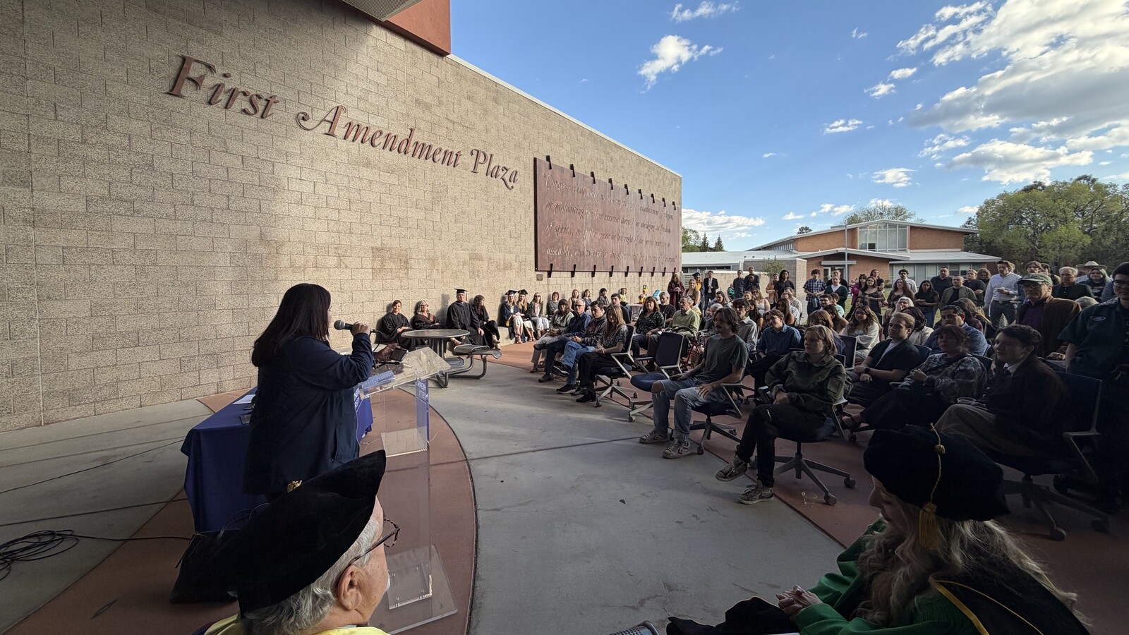 A group of NAU students listen to a speech in the First Amendment Plaza. A group of NAU students listen to a speech in the First Amendment Plaza.