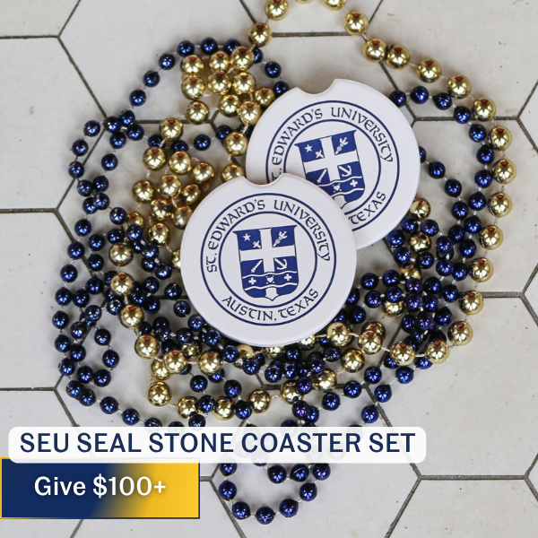 Stone coasters featuring the St. Edward's official seal